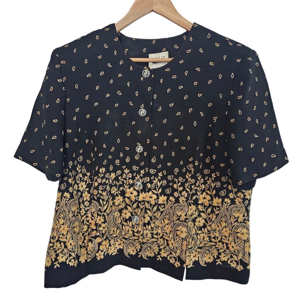 Vintage Leslie Fay Paisley Blouse Womens Sz 18 Black Gold Floral Whimsygoth 90s